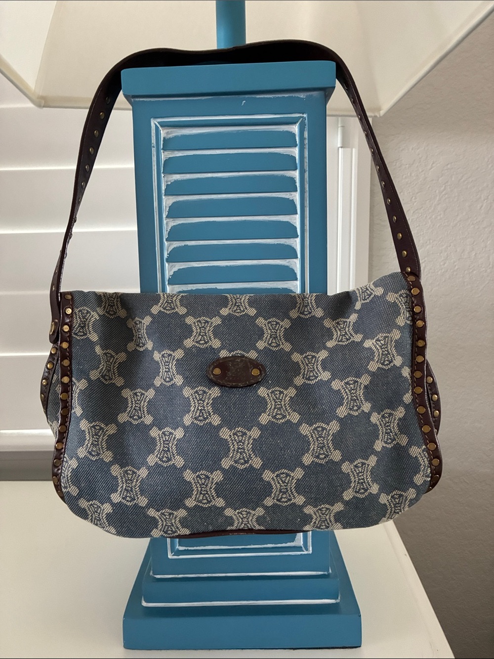 Celine Blue and Cream Monogram Shoulder Bag with Brown Leather Trim and Studs - Picture 3 of 10